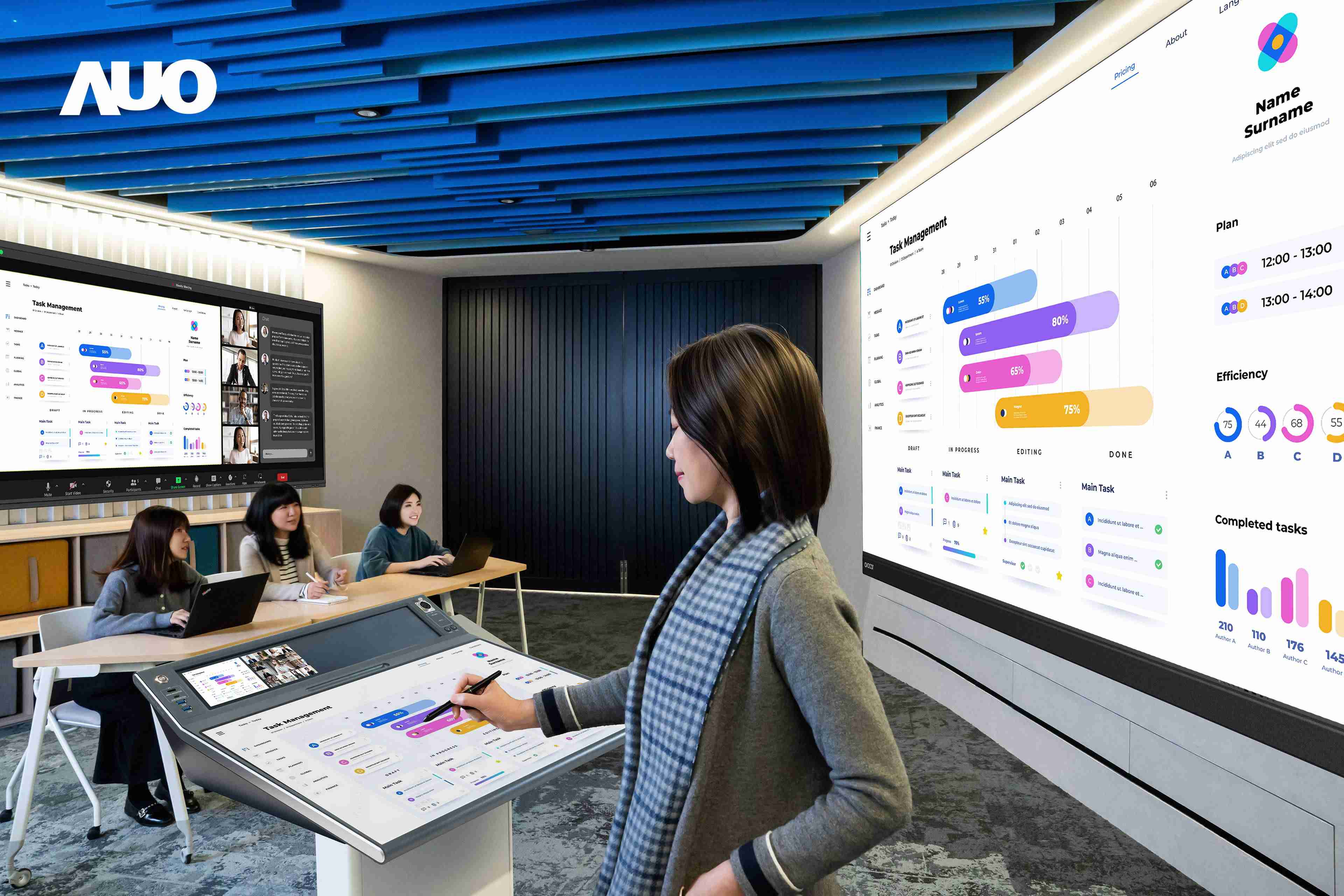 达擎携手Avocor与Rise Vision展示全方位商务领域应用，，，包含采用模块化设计的138吋一体式All-in-One LED显示器及具21:9超宽比例的92吋交互式电子白板（IFPD），，，，讲者可轻松分享内容，，，，有效提升会议协作效率。。。。